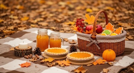 Autumn picnic with pumpkin pies and basket in leafy park setting
