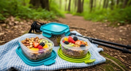 Hiking picnic with fresh fruit and granola in forest setting