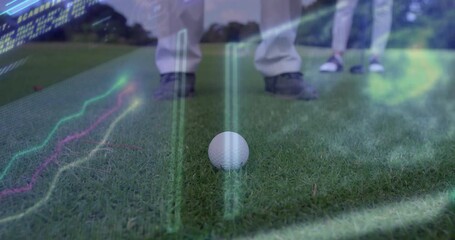 Golfer lifting club to test alignment, partner judging line with digital overlay guiding golf prep - Powered by Adobe