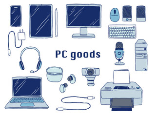 手描きテイストなパソコンやガジェット周辺機器のイラストセット(ブルー)