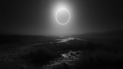 Black and White Landscape Under Eclipsed Moonlight at Night