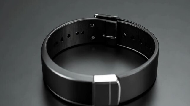 Sleek black smart band with buckle closure displays fitness and health tracking functionality against dark background.