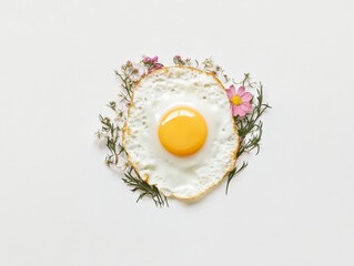 Fresh Egg Yolk Surrounded by Colorful Edible Flowers and Herbs