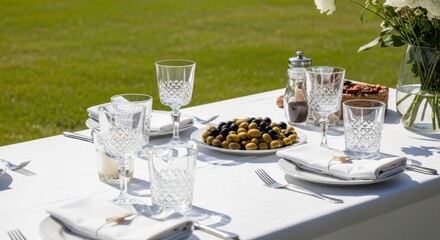 Elegant outdoor dining table with crystal glassware and olives on sunny lawn