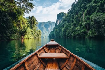 Serene View from a Wooden Boat on Calm Waters Surrounded by Nature