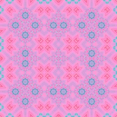 Seamless kaleidoscope floral pattern soft pink and blue floral kaleidoscope with geometric shapes, creating a symmetrical and visually appealing design for fabric, wallpaper, and backgrounds