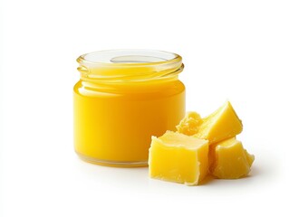 Fresh Organic Yellow Butter in Glass Jar with Chunks on White Background