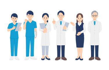 ポーズをとる医者･看護師･医療事務の男女全身セット【人物ベクターイラスト素材】