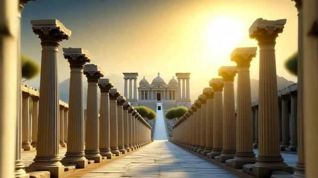 Ancient marble arch slowly opens, revealing world beyond statues, olive trees, temples in golden sunlight