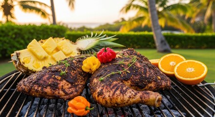 Grilled caribbean jerk chicken with pineapple and orange slices outdoors