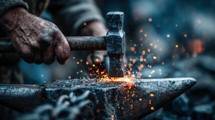 A blacksmith shapes hot metal on an anvil, using a hammer to strike as sparks fly. The workshop is illuminated by soft morning light, creating a focused atmosphere.