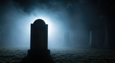 Spooky gravestone illuminated by fog and light in a dark cemetery atmosphere