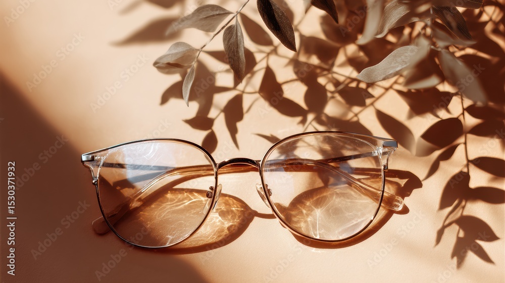 Poster Stylish Glasses Placed Flat With Soft Plant Shadows Creating a Minimalistic Aesthetic in a Warm Setting