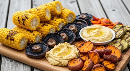Grilled vegetables and hummus with corn, mushrooms, peppers, sweet potatoes, zucchini on wooden board