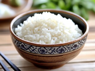Steaming Bowl of White Rice with Elegant Ceramic Bowl and Chopsticks