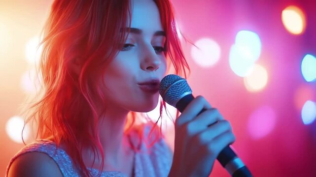 Young woman with red hair singing into microphone on colorful stage with vibrant lights and bokeh background