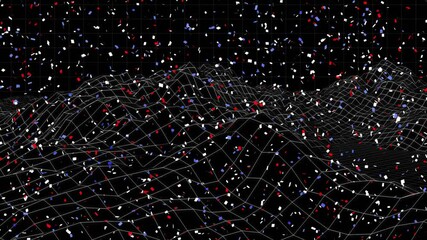 Wireframe grid emerging on black undulating with tricolor fragments drifting for visualization