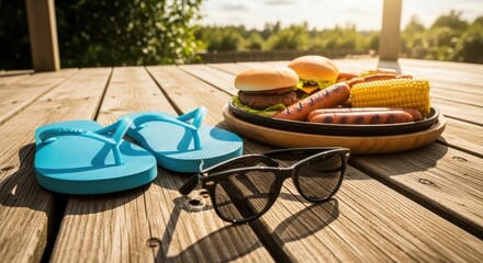 Summer bbq scene with burgers, hotdogs, and sunglasses on wooden deck