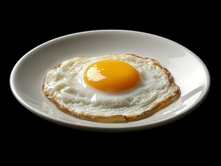Deliciously Cooked Fried Egg on White Plate Isolated on Black Background