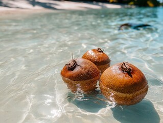 Three Round Brown Seed Pods Floating on Clear Tropical Water