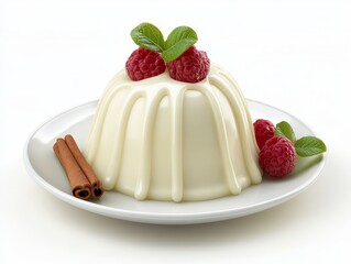 Creamy Vanilla Dessert with Raspberries and Cinnamon Sticks