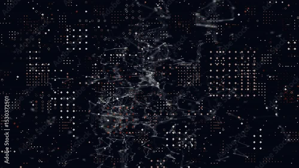 Poster dark grid flickering particles initiating glowing network pulses with red nodes dissolving