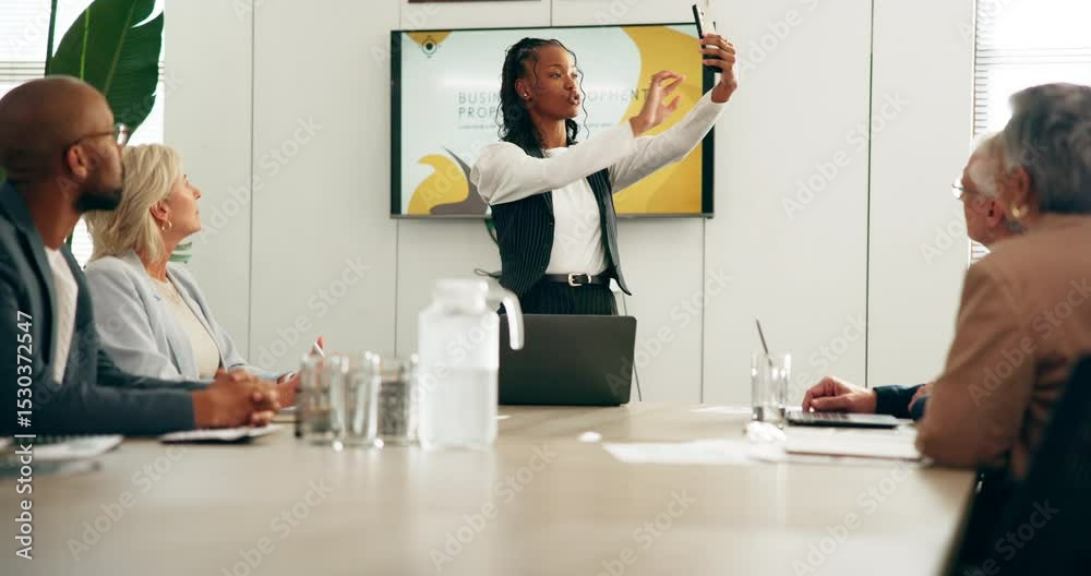 Aufkleber woman, presentation and meeting with phone for demonstration, app design or proposal at office. fema
