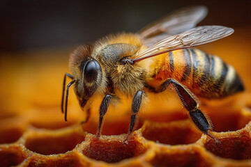 "Close-up of a honeybee on a honeycomb, Ai image generated