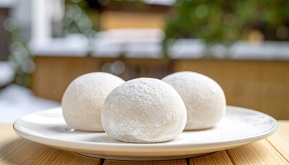 close up photo of mochi on a white plate with a blurred background