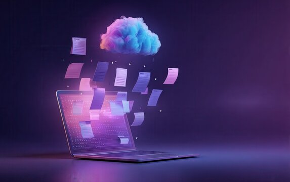 A laptop with an arrow pointing to the right, symbolizing a file with a jade, pink, blue, and white cloud pattern against a dark purple gradient background, with floating documents. - Powered by Adobe