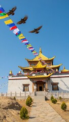 Tibetan buddhist temple golden roof birds flying prayer flags