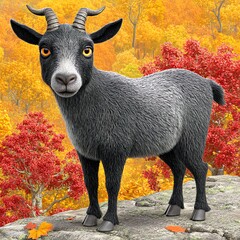 Black Goat in Autumnal Forest Setting