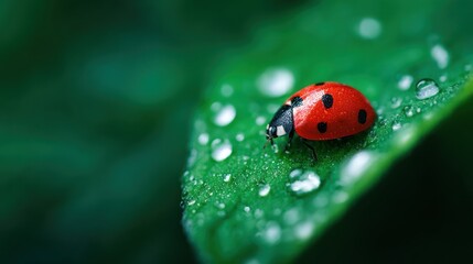 Fototapeta premium Ladybug on Dew-Covered Leaf in Lush Green Nature Close-Up