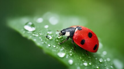 Obraz premium Vibrant Ladybug Walking on Dewy Leaf in Natural Green Environment
