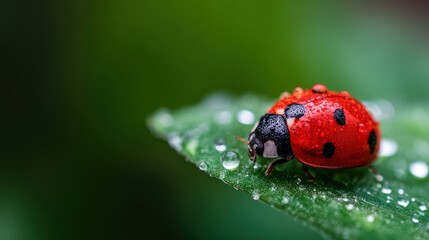 Fototapeta premium Macro Photo of Ladybug on Dewy Leaf Tip with Vivid Natural Background