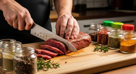 Caucasian adult slicing seasoned beef on cutting board in kitchen