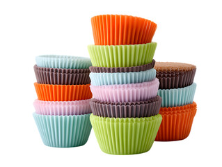 Stack of bright silicone cupcake molds on white