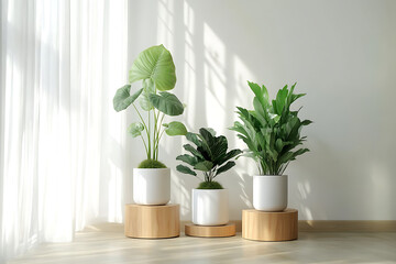 Three stylish potted plants displayed on wooden stands in a bright and airy interior space