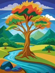 Obraz premium Autumn Landscape. Colorful Tree by a River