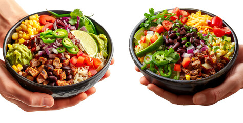 Hand holding Mexican burrito bowl with fresh vegetables, grains, and jalapenos isolated on white transparent background