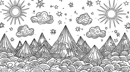 Detailed black and white drawing of mountains and clouds.