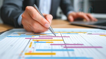 Business project management and timeline scheduling. A professional analyzing Gantt charts and tracking workflow progress with advanced planning and deadline execution tools.