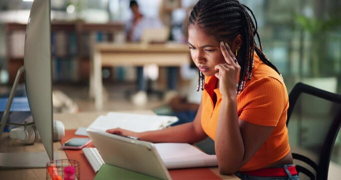 Business, thinking and woman with tablet, computer and online reading with deadline, creative and app. Person, employee and web designer in office, tech and stress with mistake and problem solving - Powered by Adobe