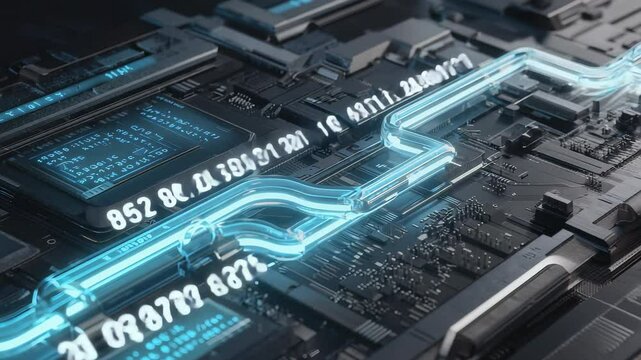 Close-up of a futuristic circuit board with glowing blue data streams and flickering codes. Parallax loop animation, clean and photorealistic look