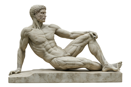 Classical marble sculpture of a reclining male figure, ancient Greek-style statue, isolated on transparent background