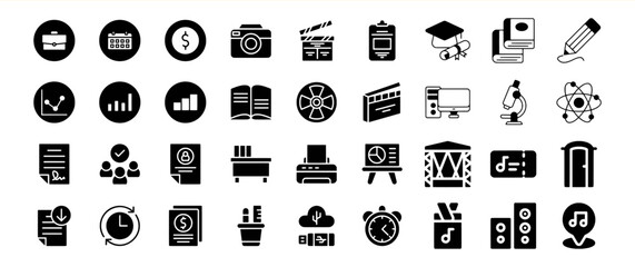 A diverse collection of glyph icons representing various concepts and objects
