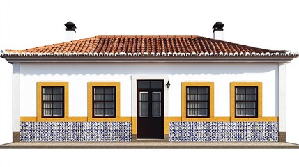 A white, single-story house with a terracotta roof and yellow trim around the windows and door. The house has four windows with black frames and a brown with blue and white patterned tiles
