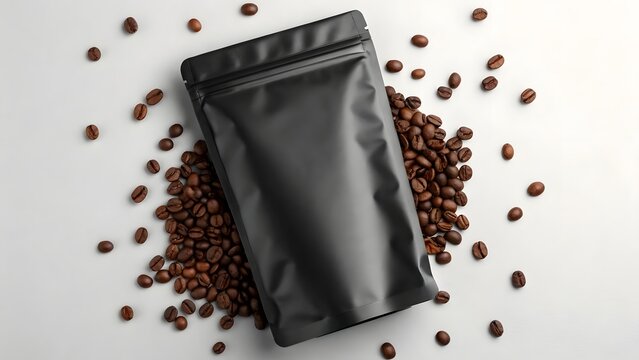 Black coffee packaging mockup with roasted beans