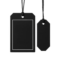 Two Black Price Tags, Isolated Hanging on White Backdrop