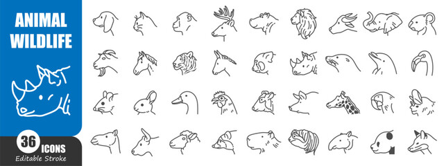 Animal and wildlife head side view outline icon . Editable stroke . Vector .